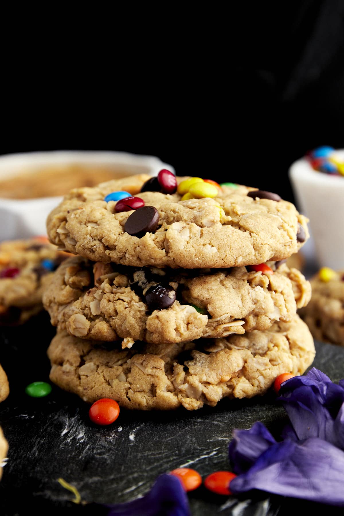 a stack of three Monster cookies