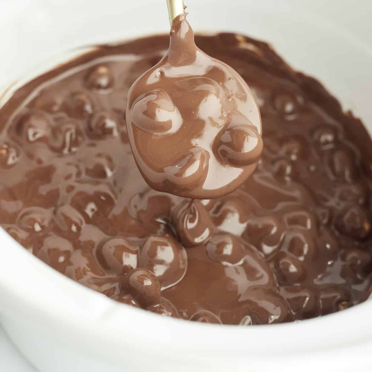 melted chocolate and hazelnuts with a spoon lifting a bite
