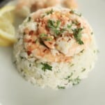 close up image of lemon garlic shrimp and rice on a white plate topped with fresh herbs with two shrimp and a lemon wedge in the background