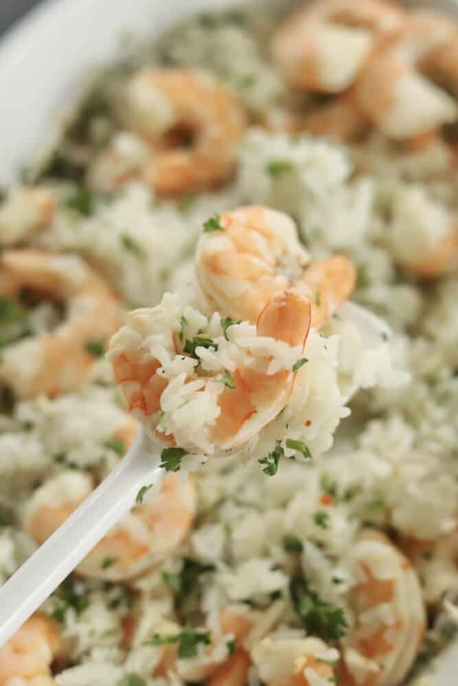 close up image of a spoon scooping a bite of white rice and lemon garlic shrimp with fresh herbs.