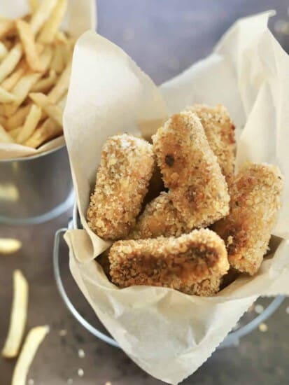 overhead baked chicken nuggets with fries.