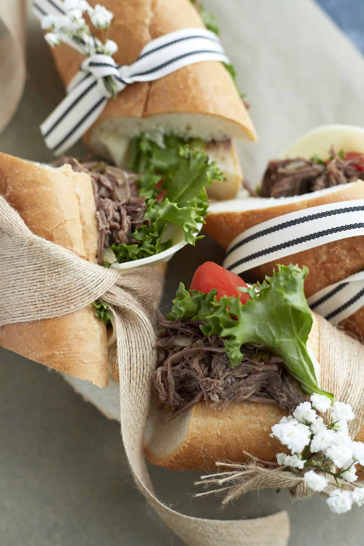 po' boy sandwiches wrapped in ribbon