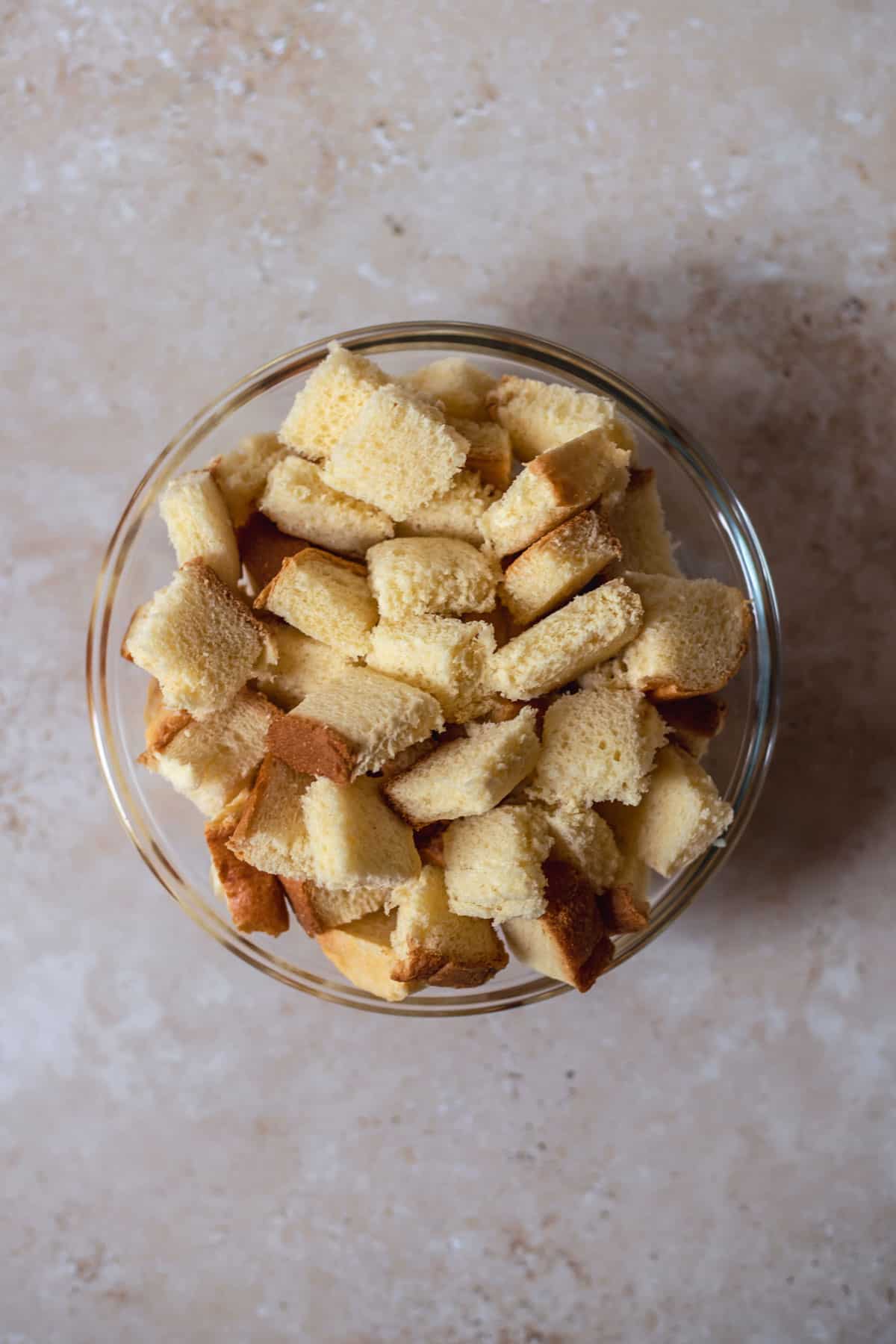 pieces of bread in a glass bowl 