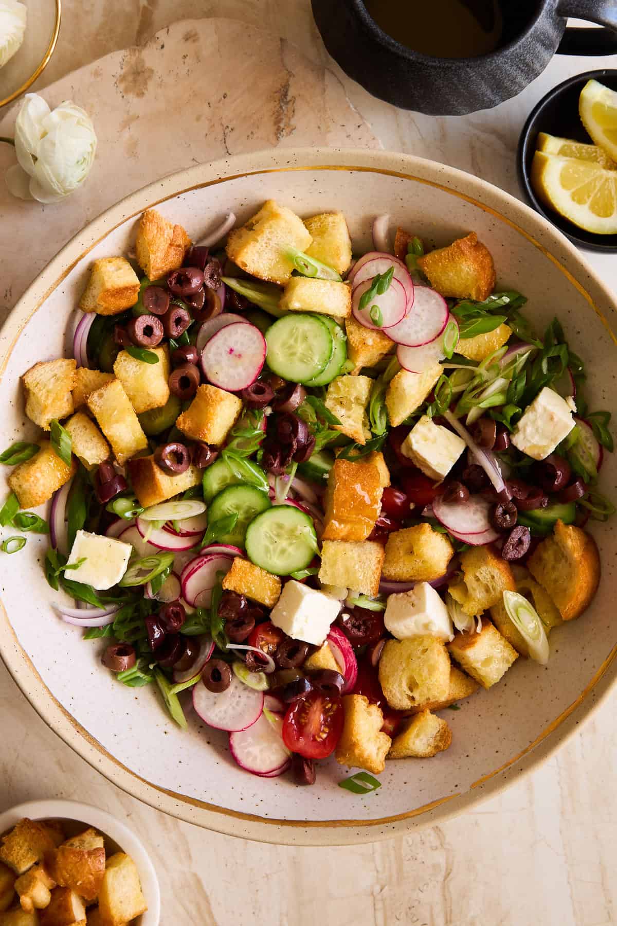 A bowl of panzanella salad.