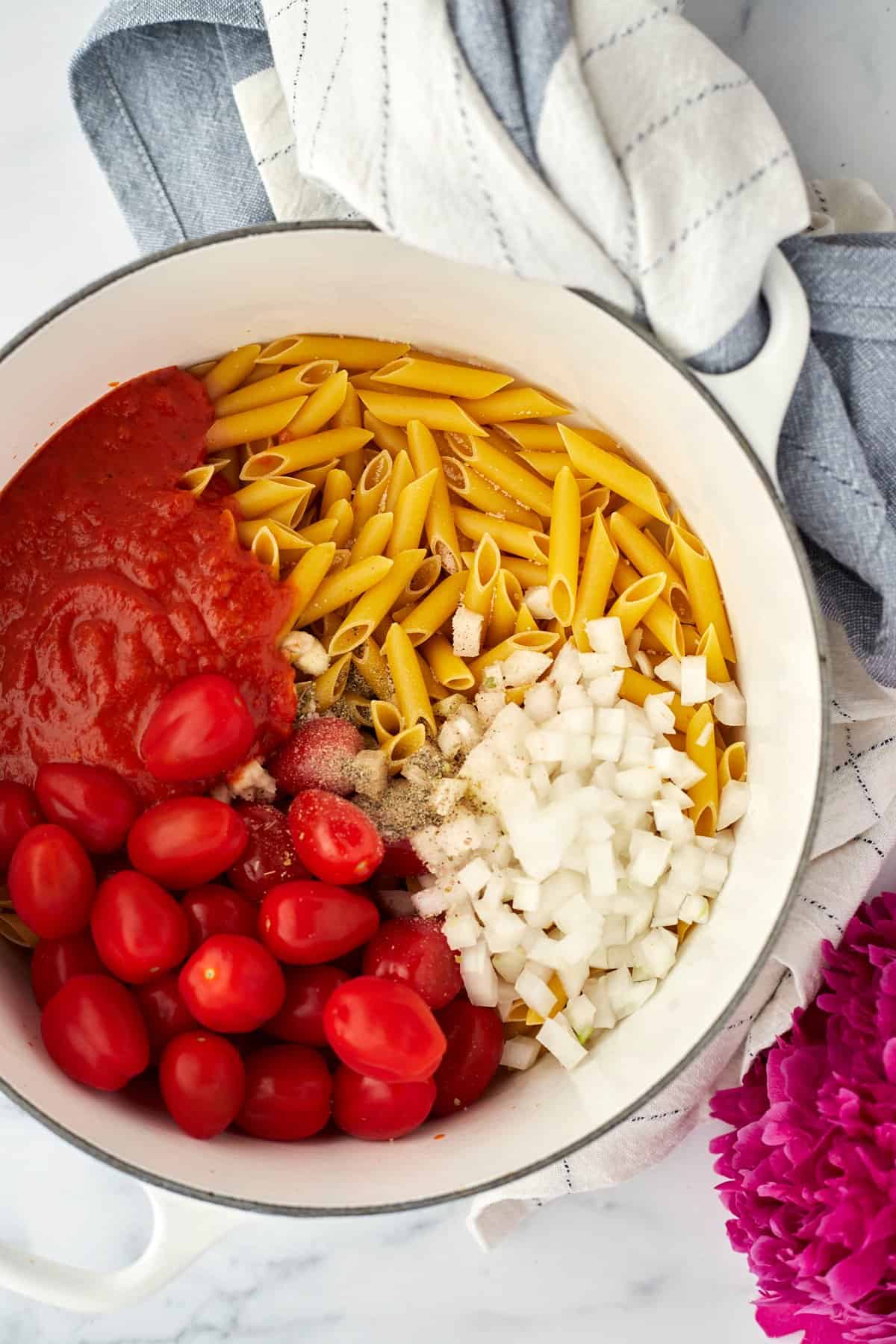 pot of uncooked penne pasta, tomatoes, marinara, onions and herbs