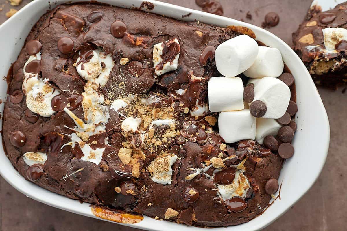 overhead of s'mores chocolate cake in a baking dish