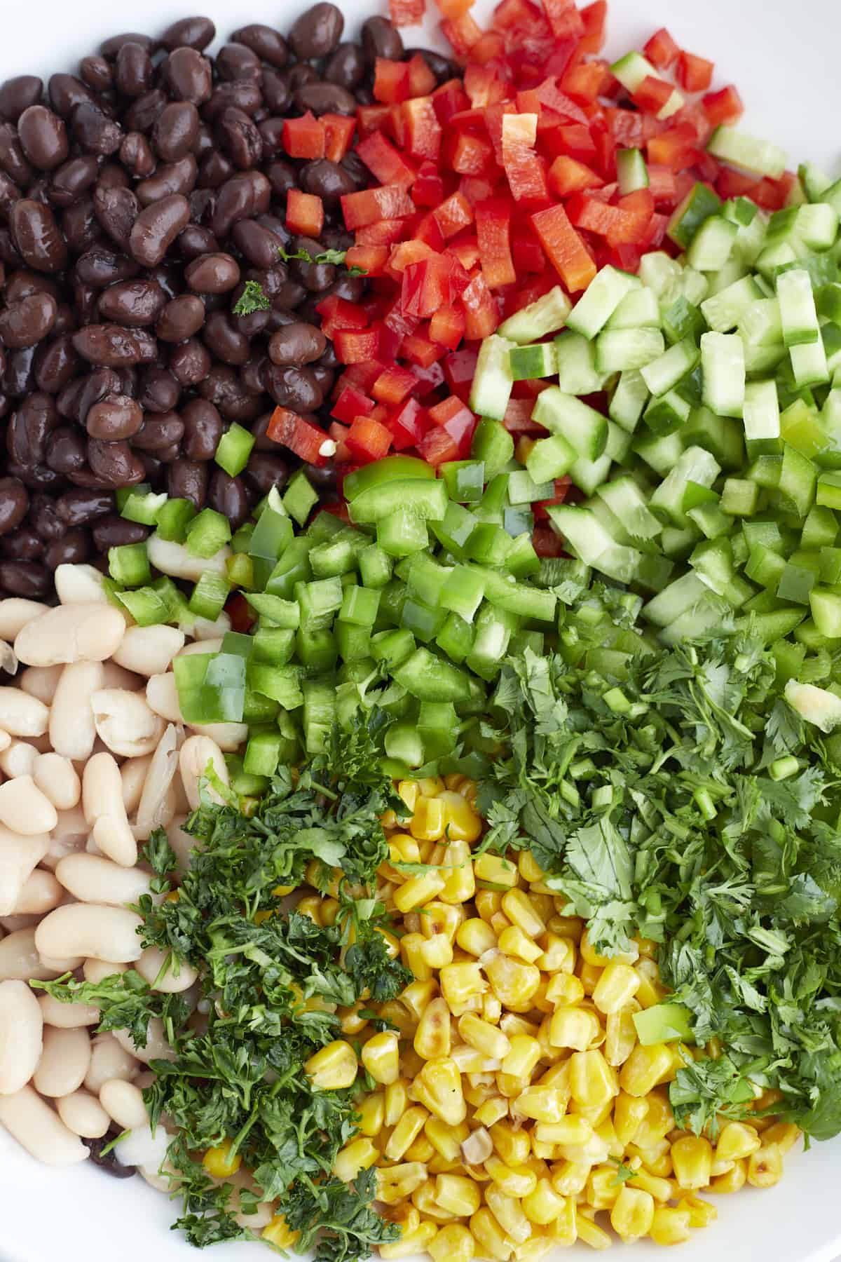 closeup of green peppers, jalapeños, black beans, cannelloni beans, corn and herbs