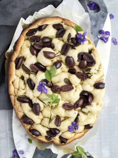 a whole loaf of slow cooker easy focaccia with olives