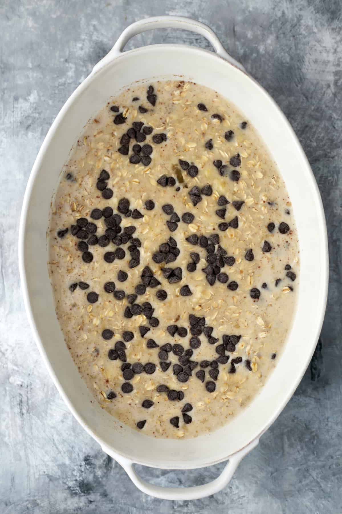 uncooked Banana Bread Oatmeal in a baking dish