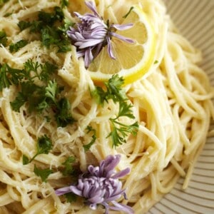 close up image of a bowl of easy one pot lemon pasta