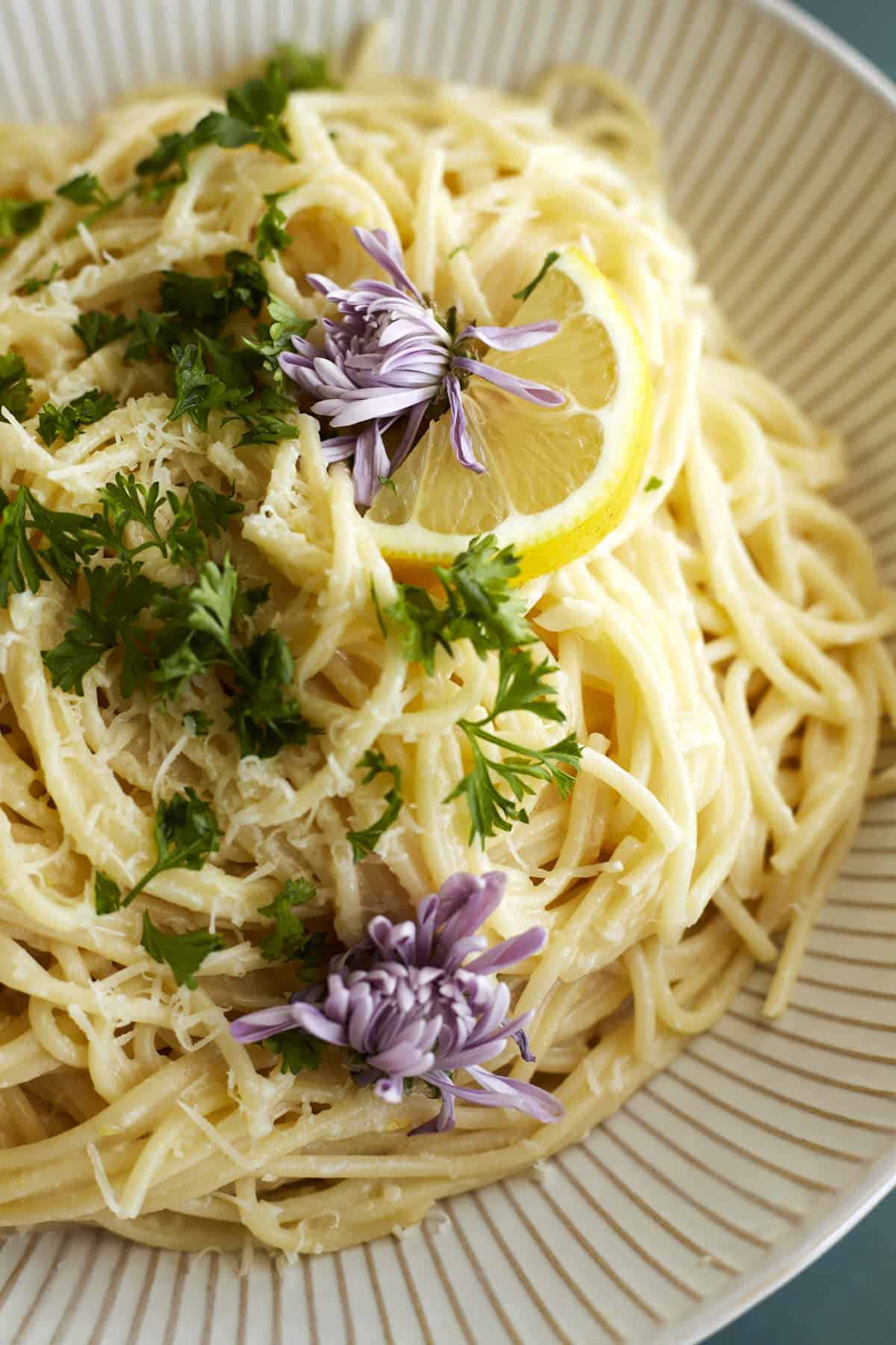 close up image of a plate full of easy one pot lemon pasta