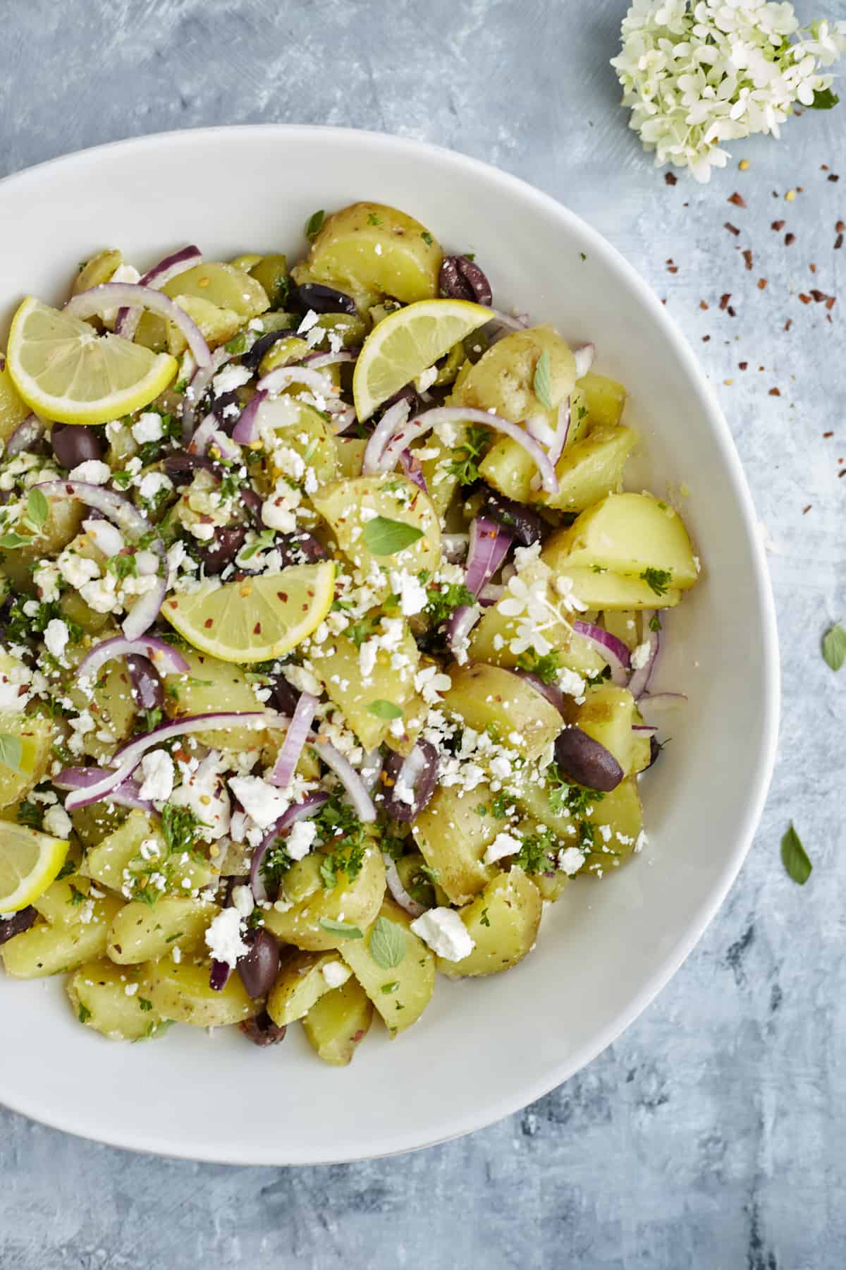 a bowl of lemon Greek potatoes