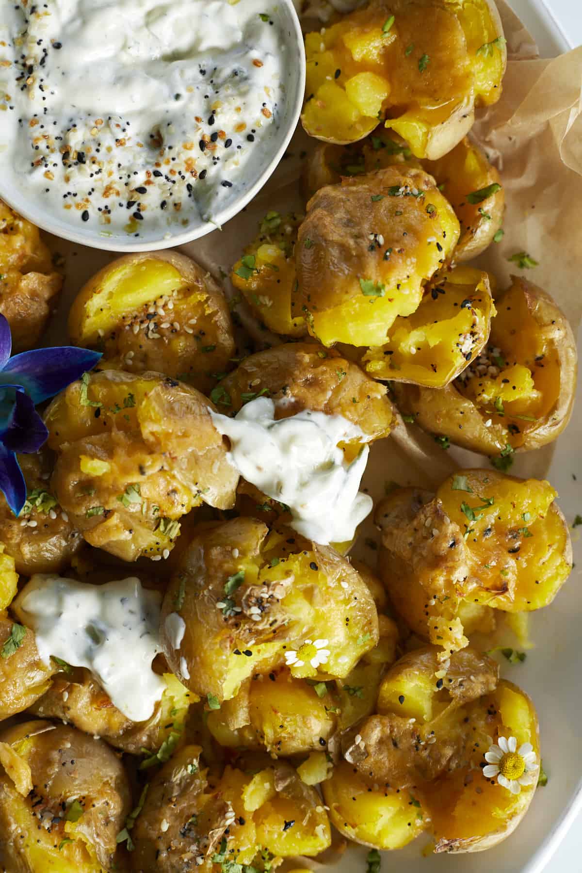 close up image of a pile of smashed potatoes.