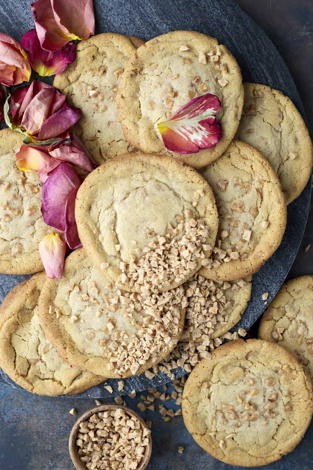 brown butter toffee cookies on top of each other