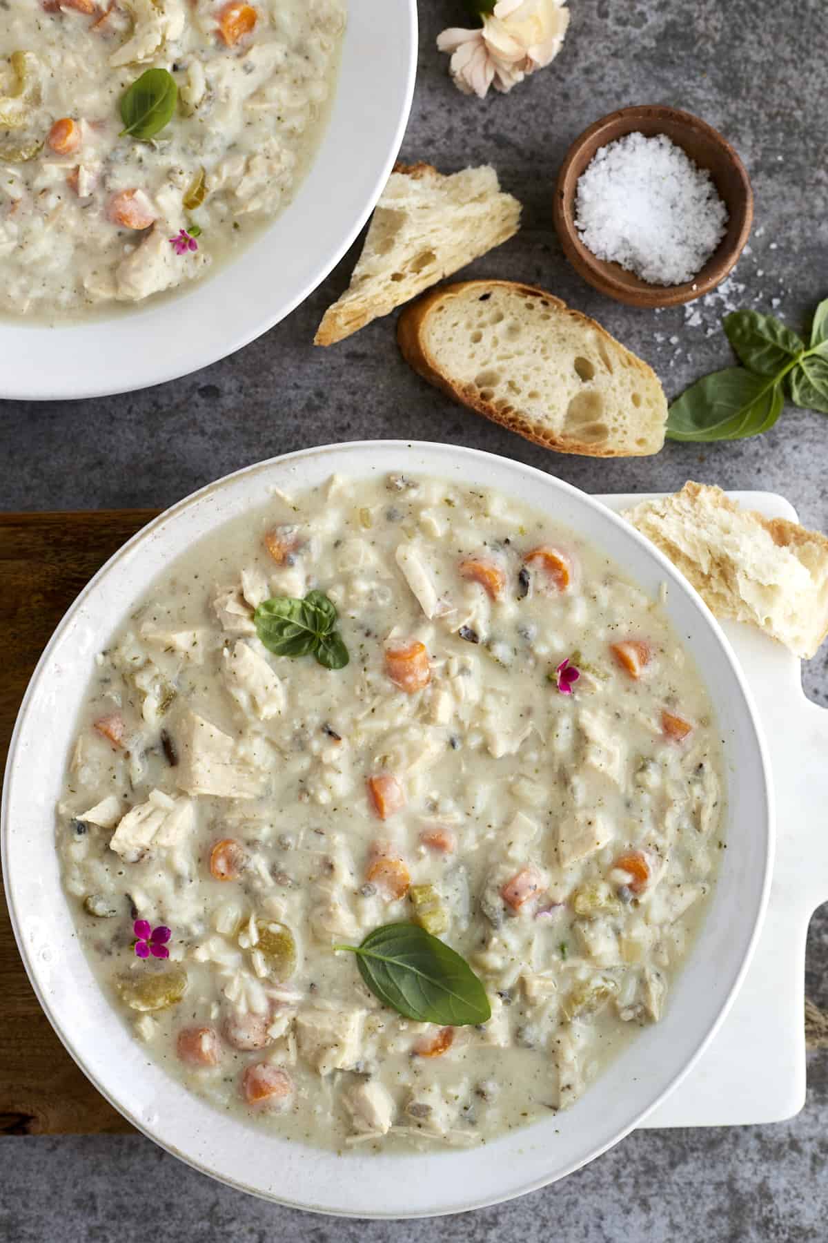 a bowl of slow cooker creamy chicken wild rice soup