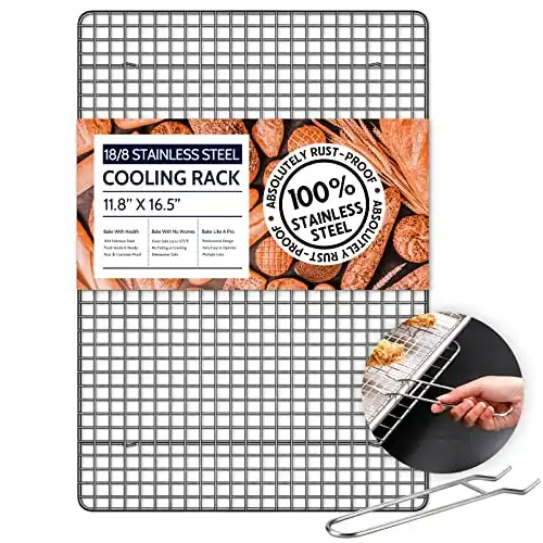 18/8 Stainless Steel Cooling Rack for Baking with Lifting Handle, 11.8”x 16.5” Baking Rack, Oven and Dishwasher Safe, Wire Rack for Cooking, Roasting, Grilling, Fit Half Sheet Pan
