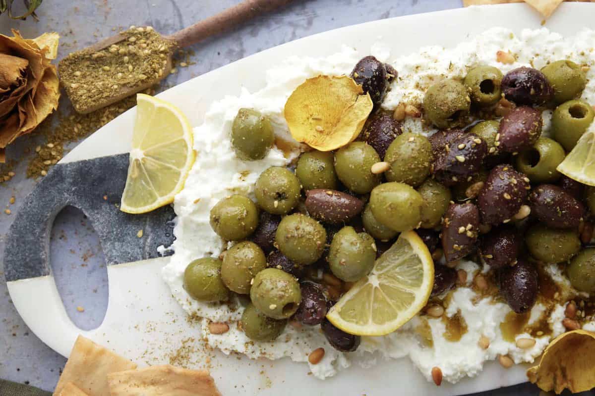 Easy Feta Board with Marinated Olives Food Dolls