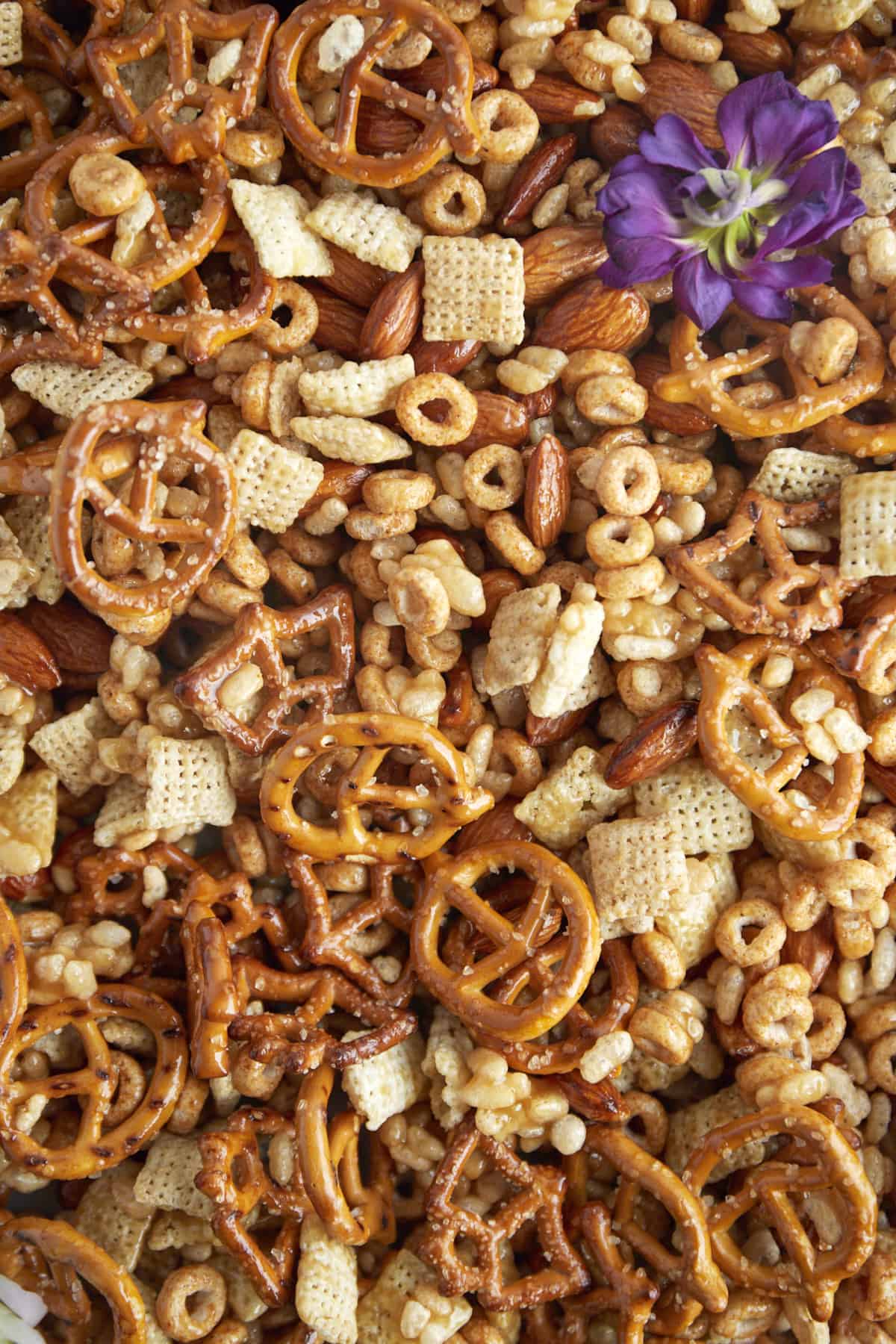 roasted pretzels, Rice Chex, pumpkin spice Cheerios, and Rice Krispies coated with caramel sauce