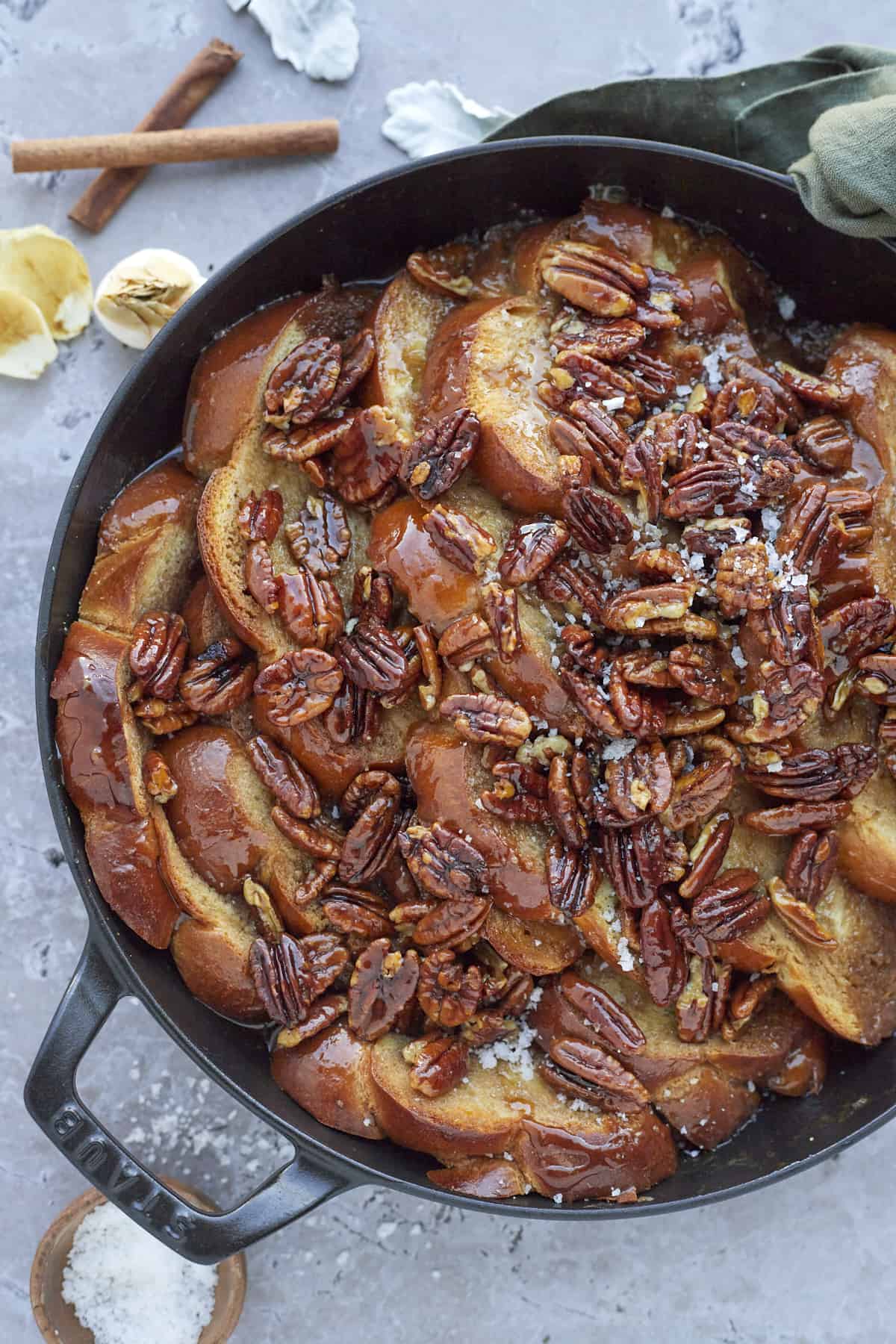 pecan pie french toast in a skillet