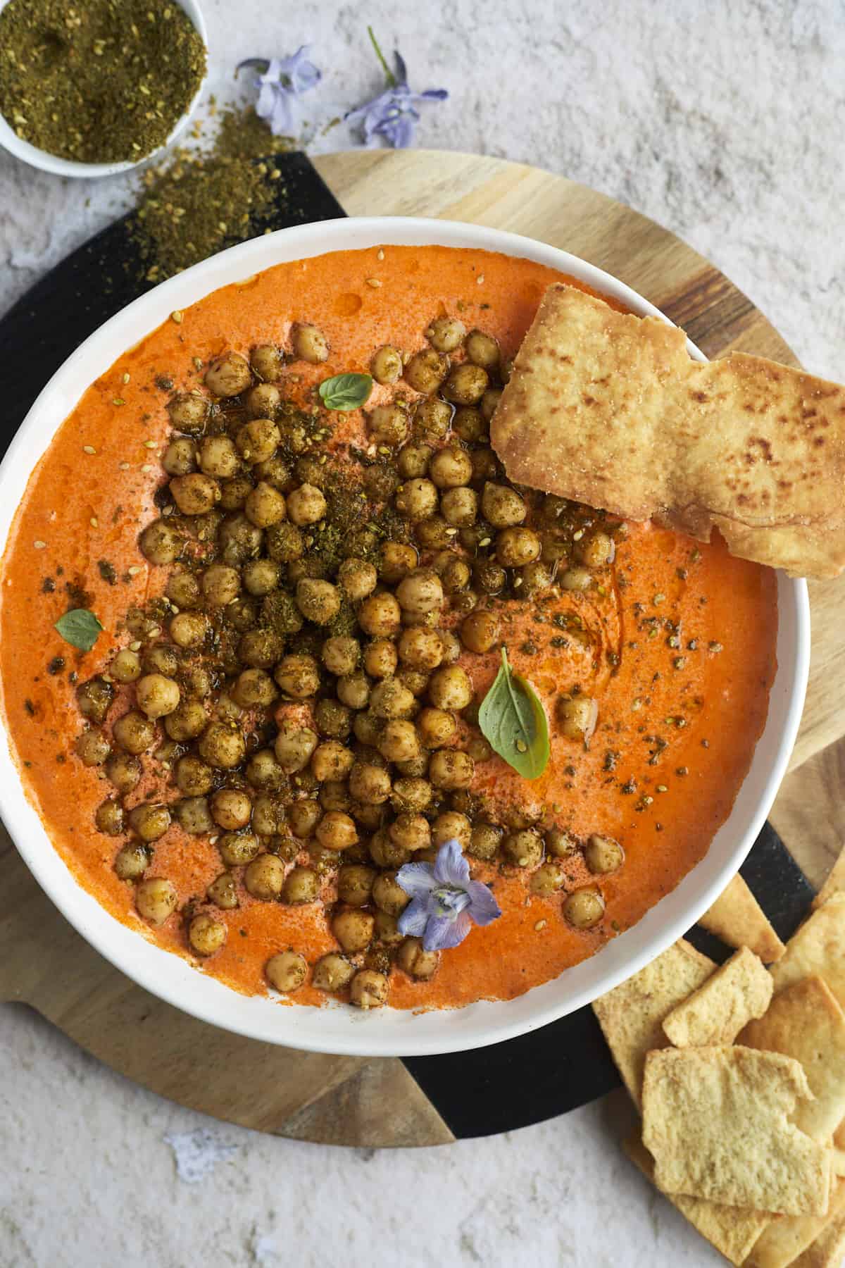 Roasted Red Pepper Feta Dip with Crispy Chickpeas