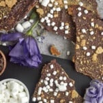 pieces of s'mores graham cracker toffee bars topped with marshmallows and graham cracker crumbs