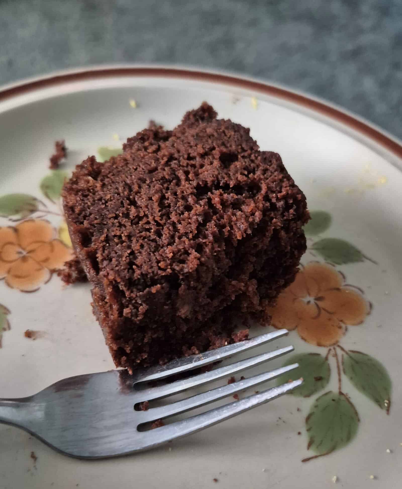 A slice of chocolate cake on a plate with a floral pattern, next to a metal fork. The background is slightly blurred.