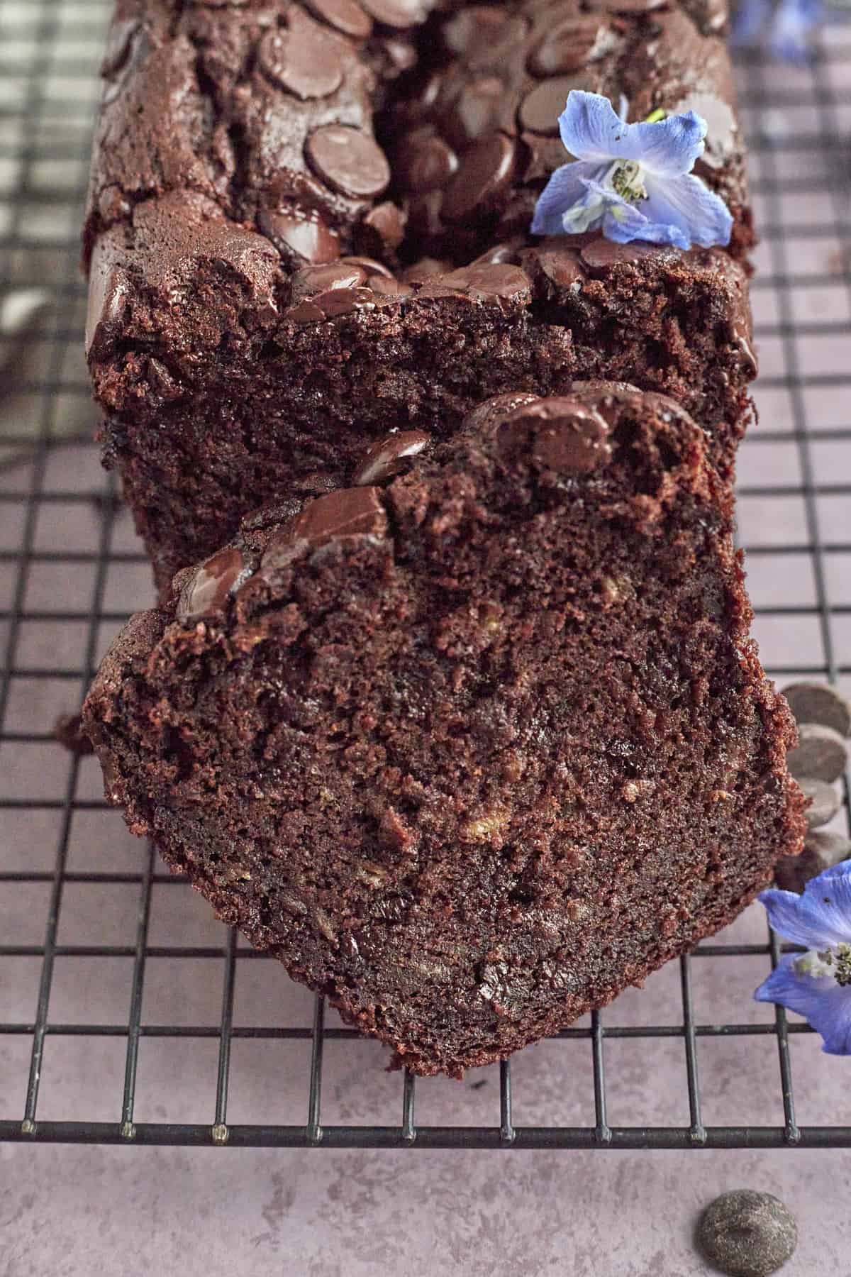 close up image of a slice of double chocolate banana bread