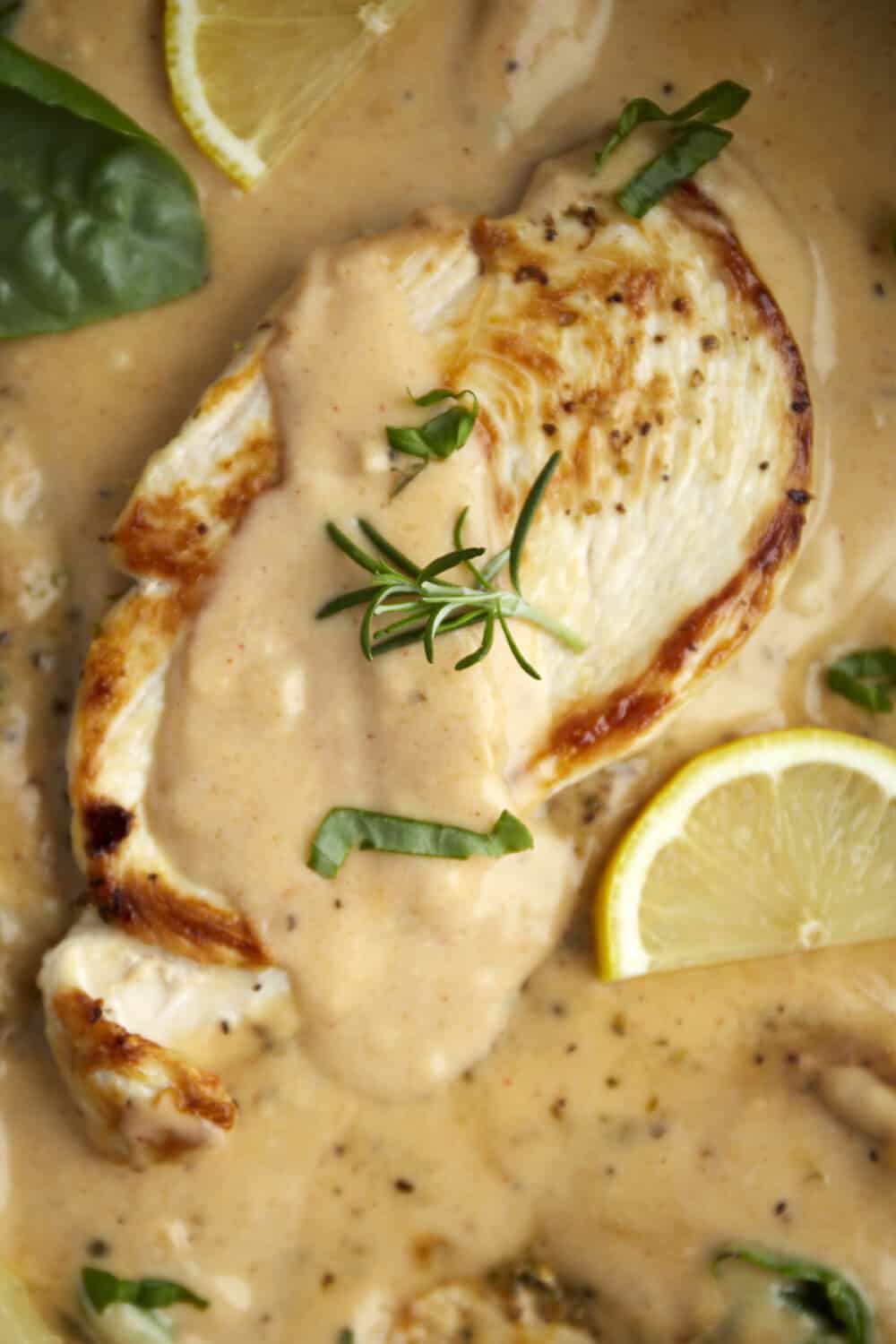 overhead image of creamy parmesan chicken in a skillet