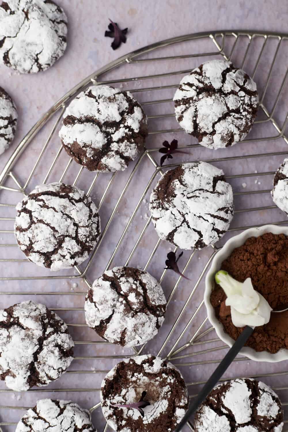 chocolate crinkle cookies on a wire rack