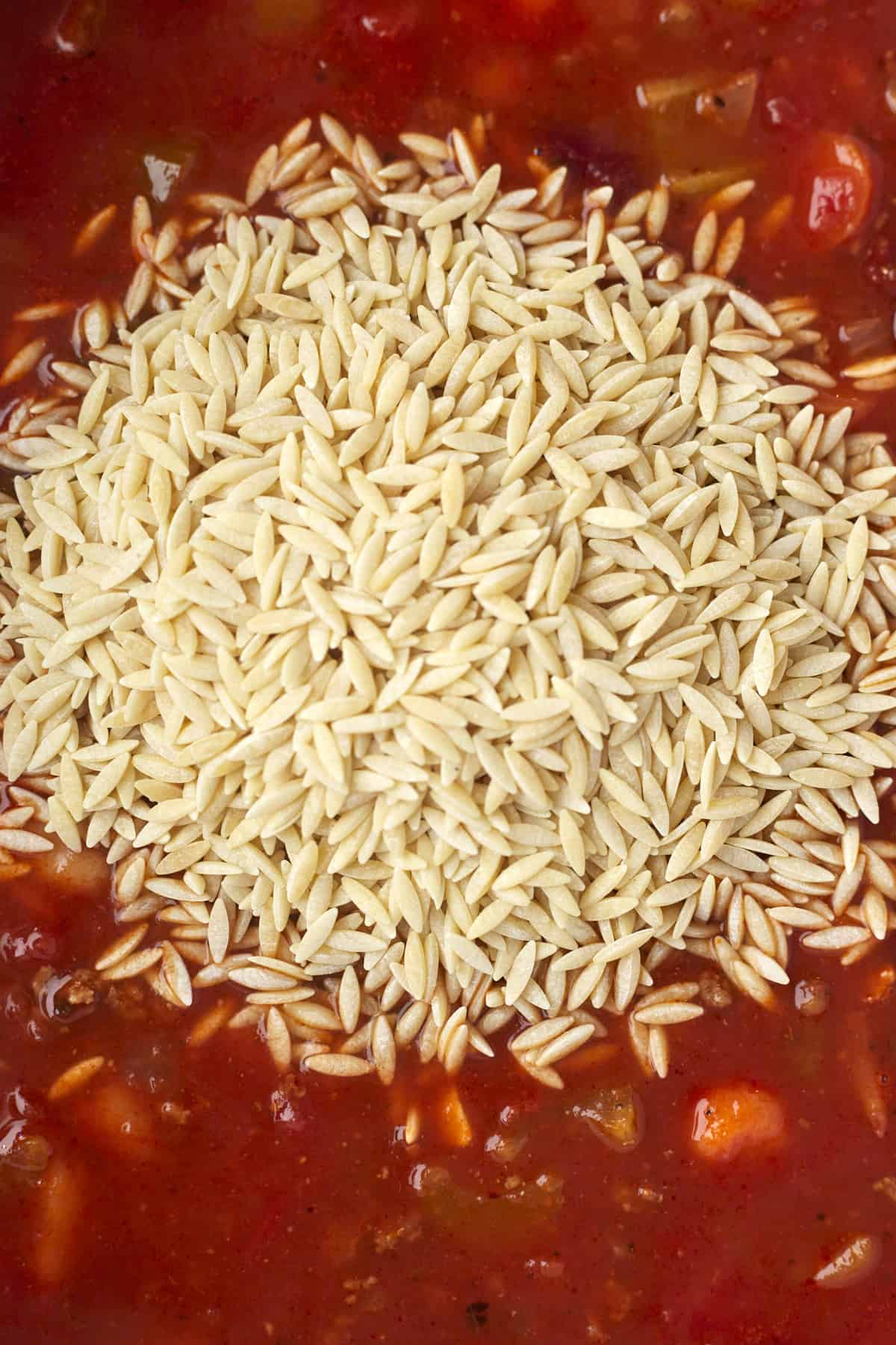 uncooked orzo on top of tomato broth for pasta e fagioli 