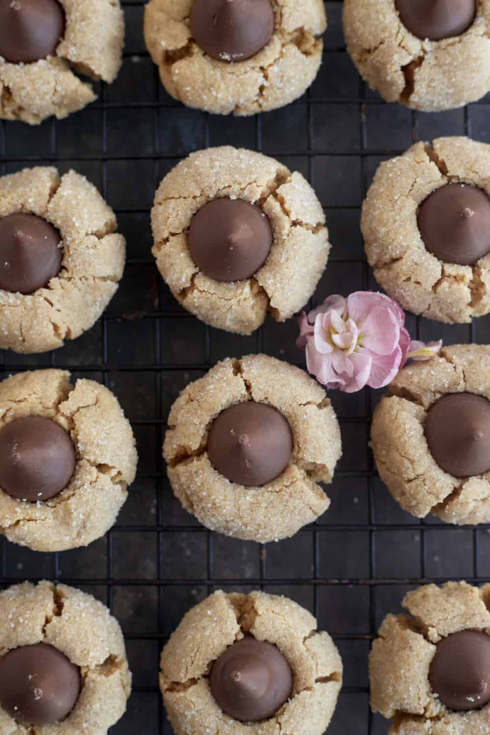 peanut butter blossoms on a wire rack