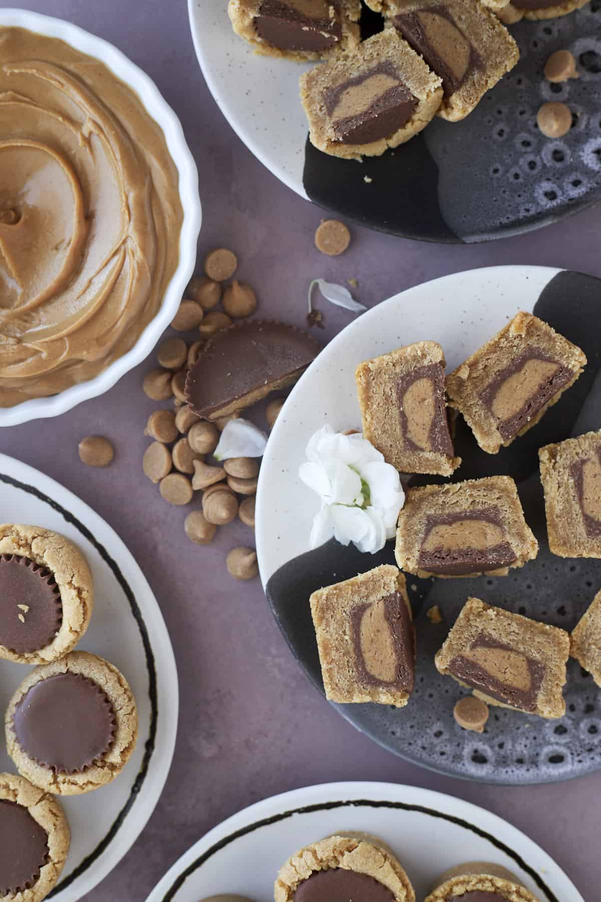 overhead image of plates full of Reese's peanut butter cup cookies