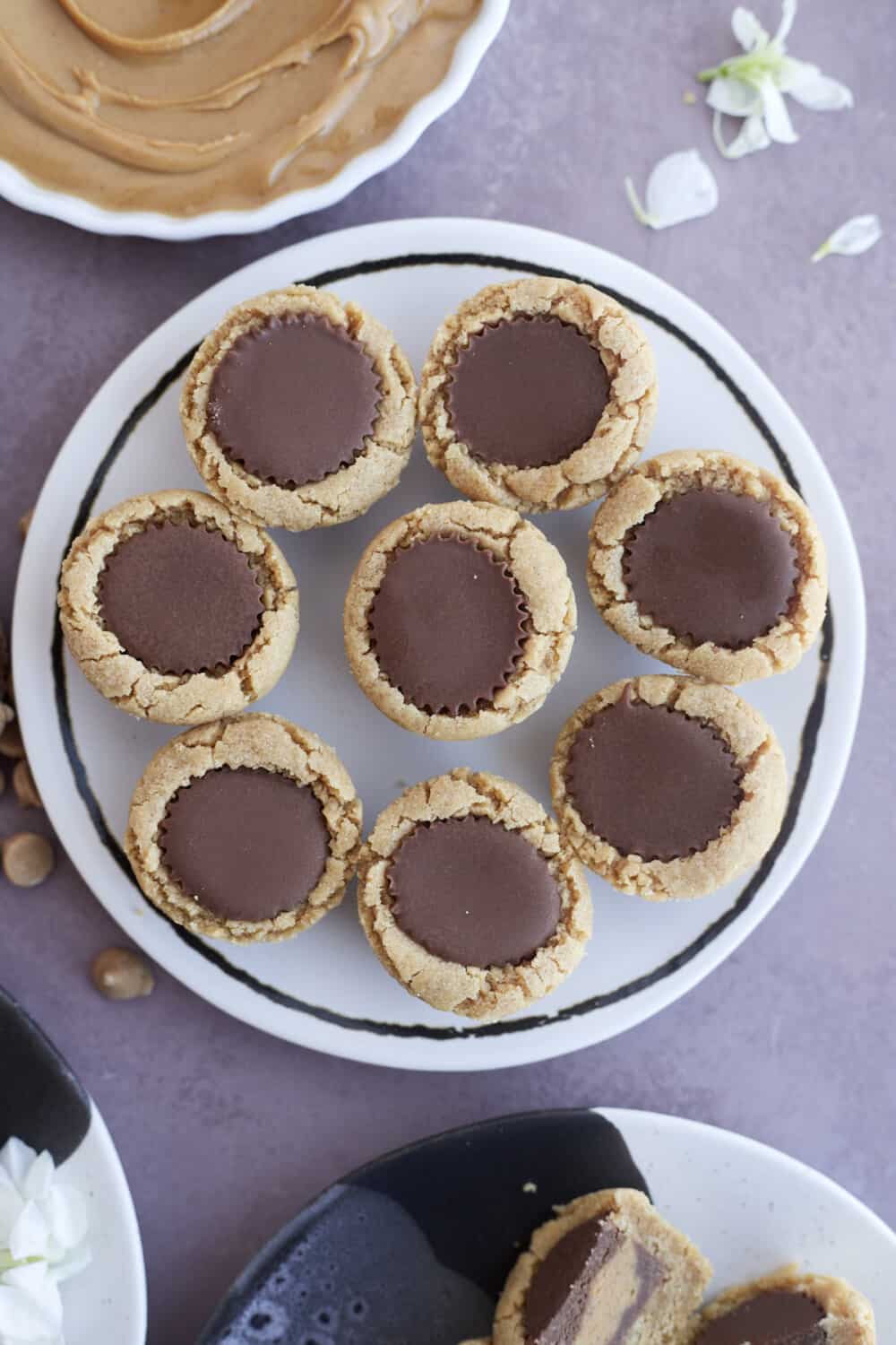 overhead image of a plate of Reese's peanut butter cup cookies