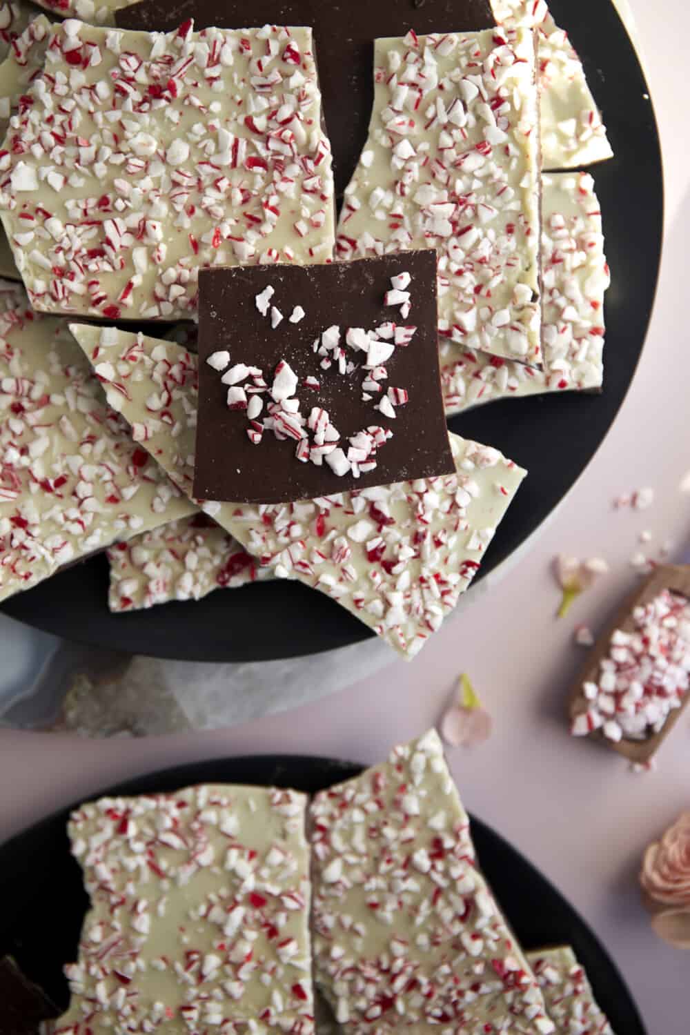 a plate full of chocolate peppermint bark