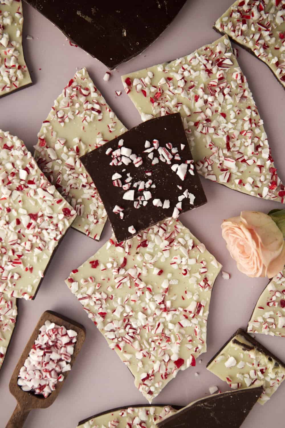 pieces of white and dark chocolate layered peppermint bark 