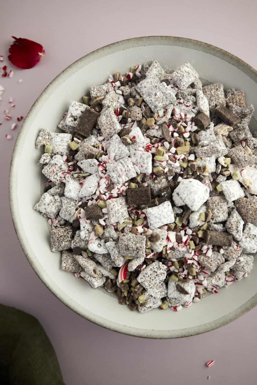 overhead image of a bowl full of Christmas puppy chow