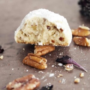 a pecan snowball cookie with a bite taken out