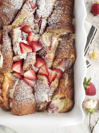 Strawberry Mascarpone French Toast in a baking dish