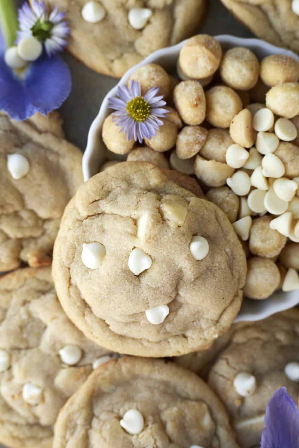 close up image of a white chocolate macadamia nut cookie surrounded by other cookies.
