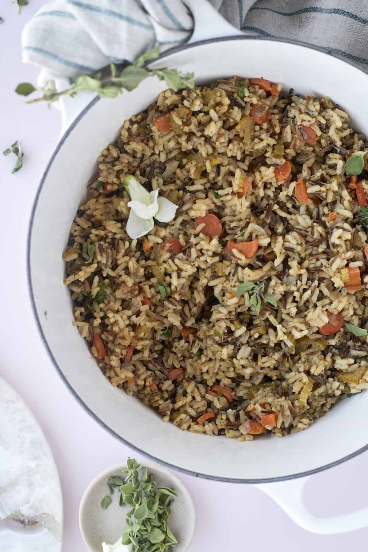 overhead image of a bowl of seasoned rice pilaf