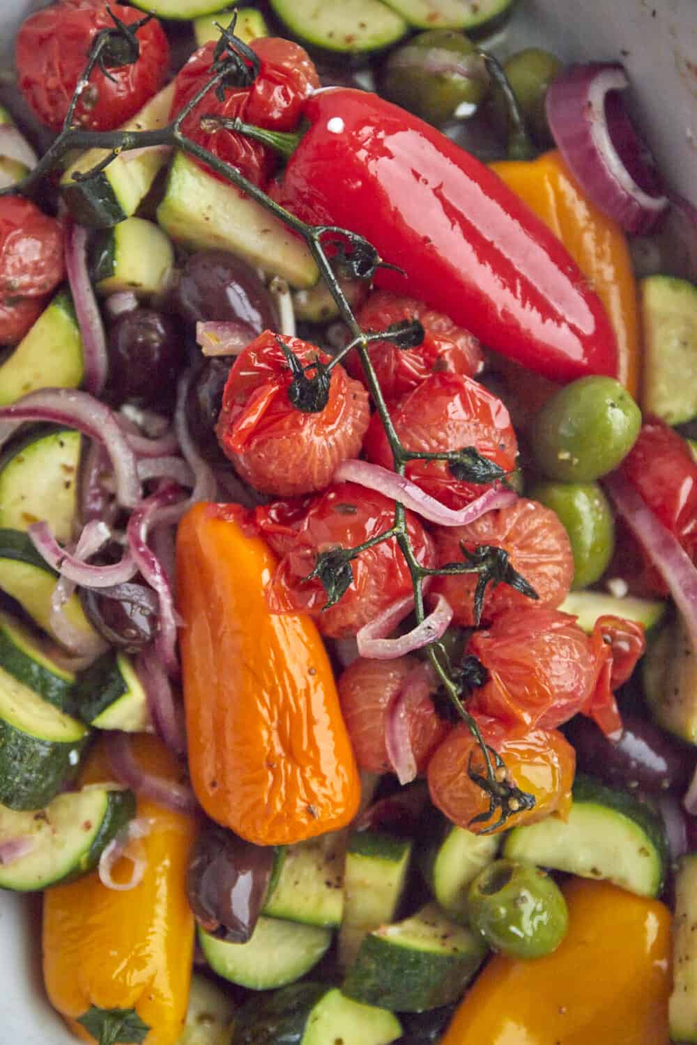 roasted tomatoes, zucchini, bell peppers red onions, and olives