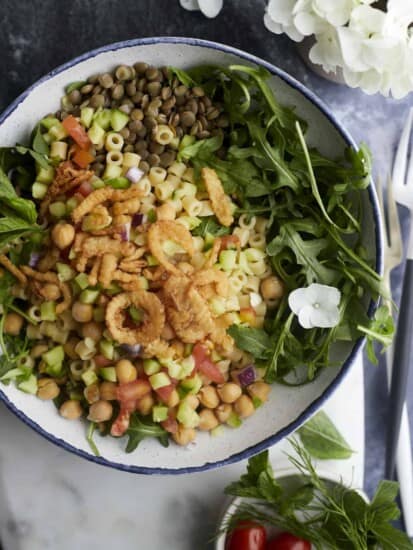 a bowl of chickpea and lentil salad