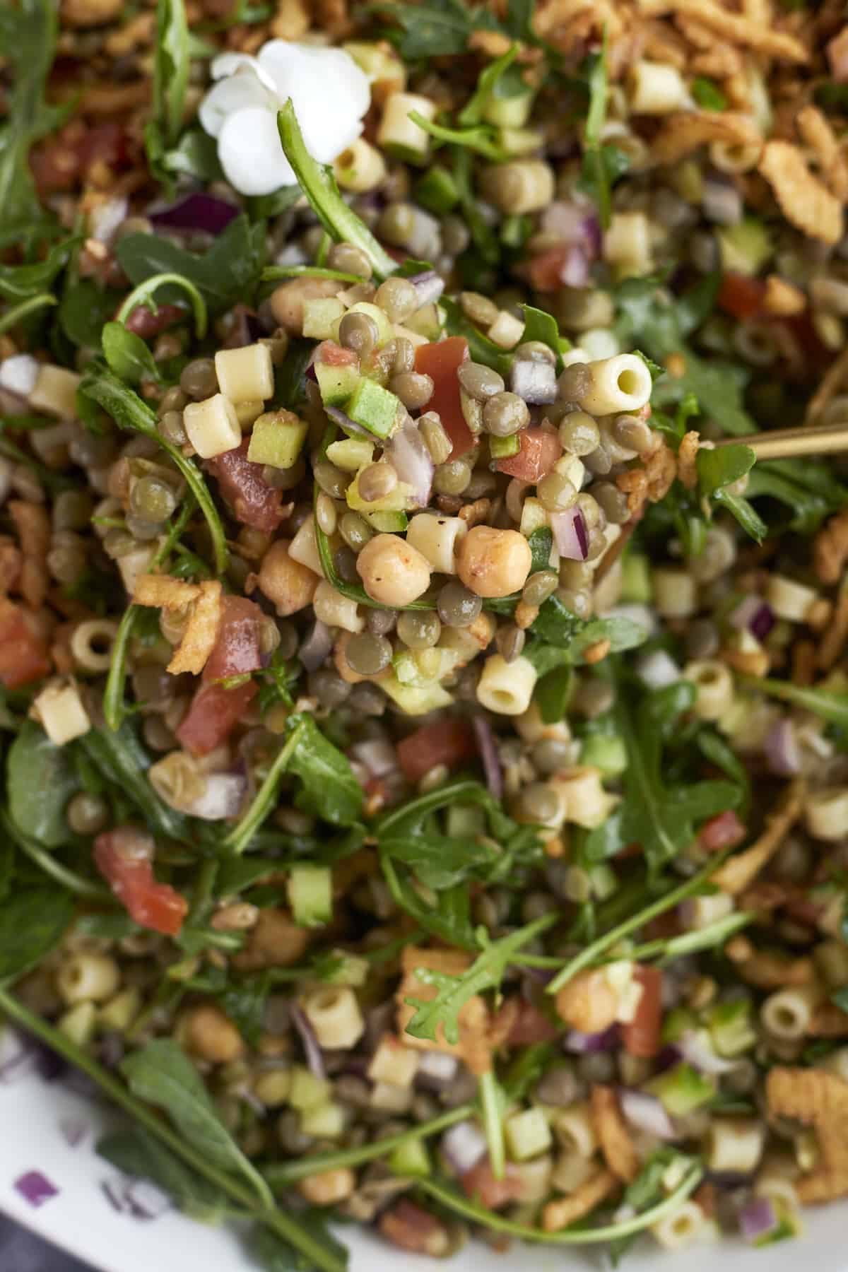 koshari salad being lifted up with a spoon