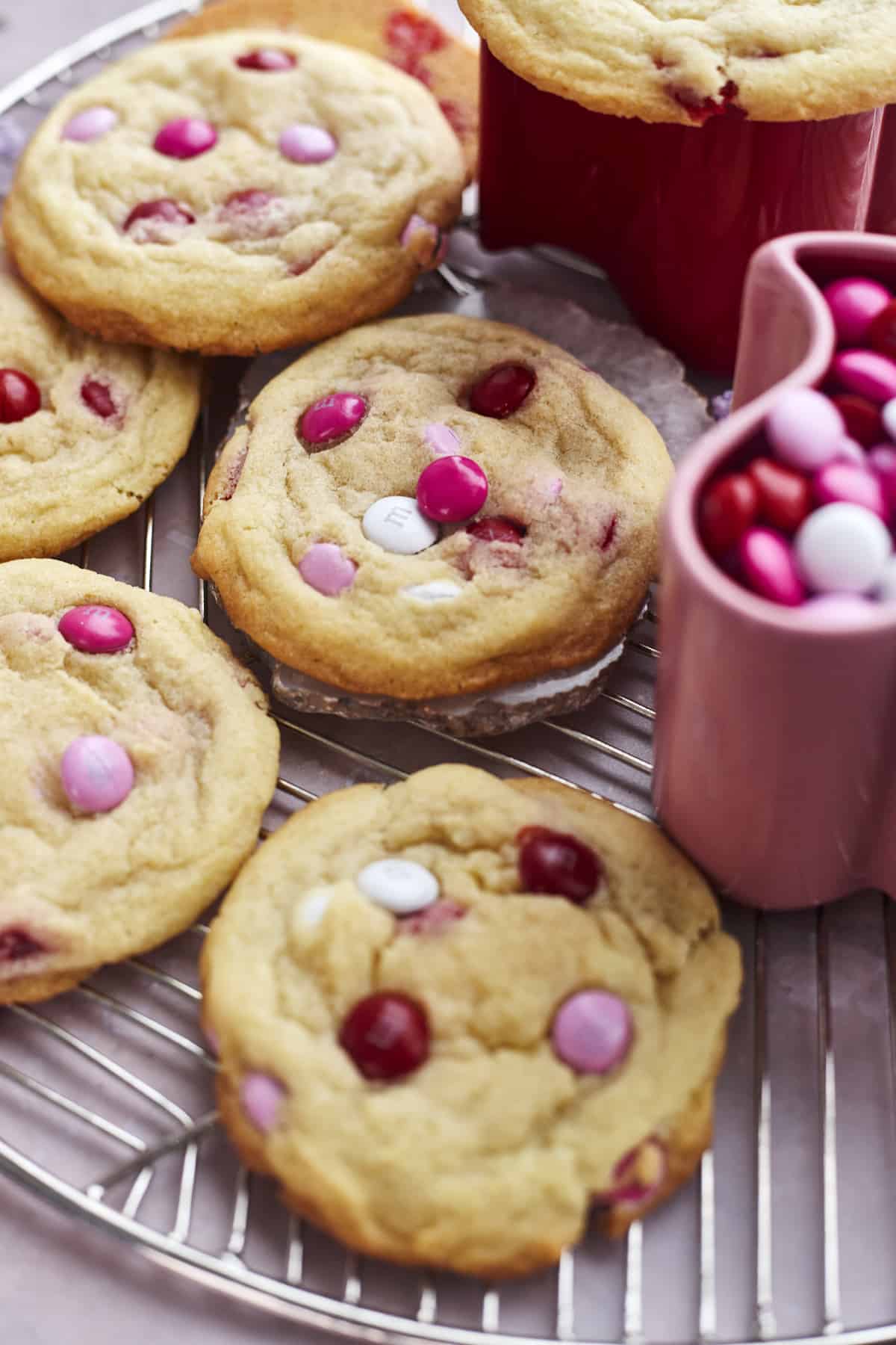 valentine m&m cookies with cup of m&ms