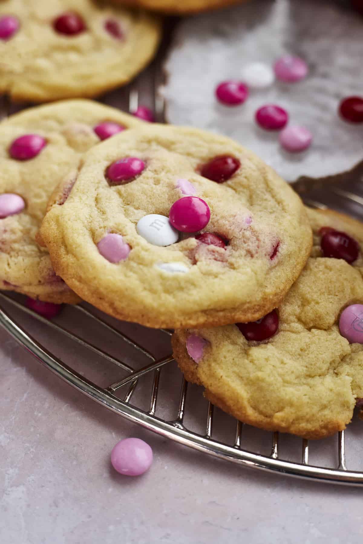 valentine cookies on rack with m&ms