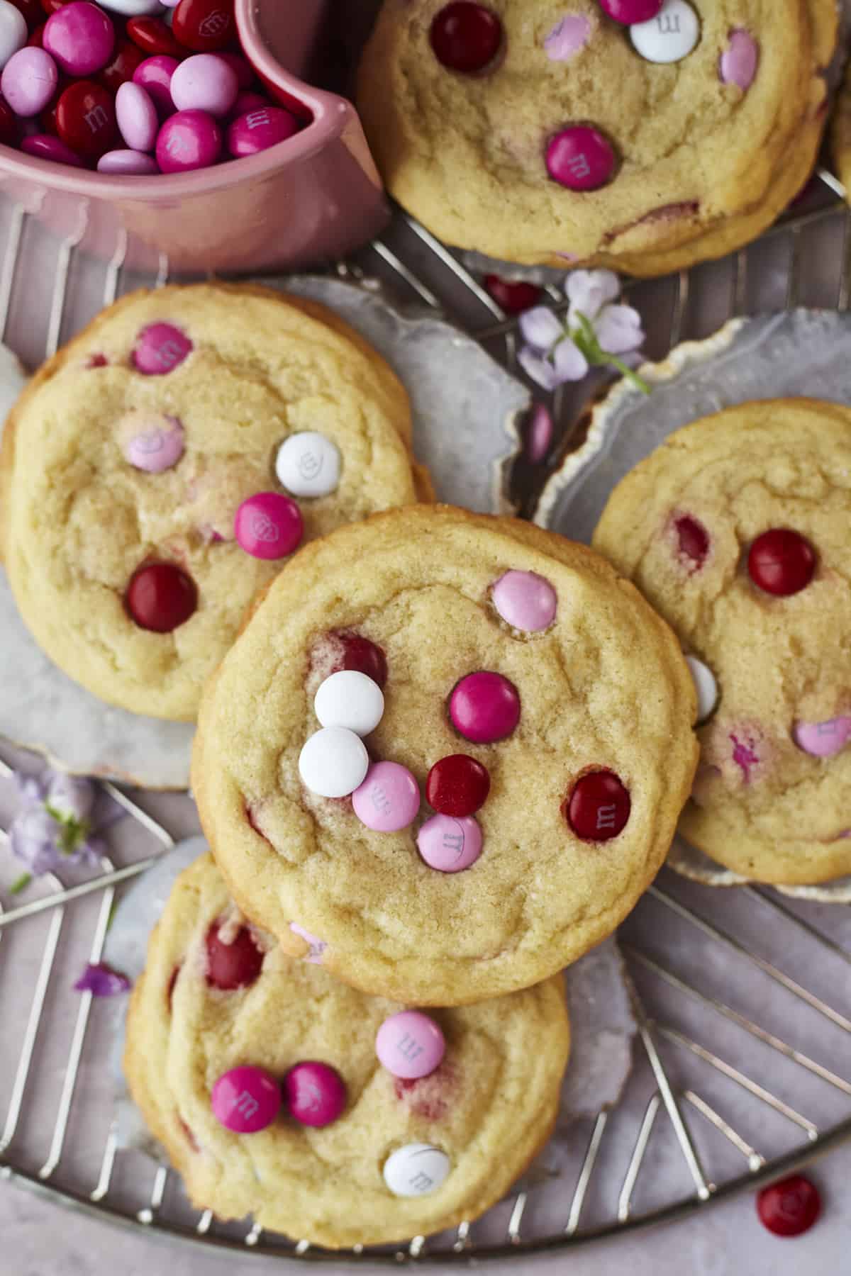 valentine m&m sugar cookies on rack with m&ms