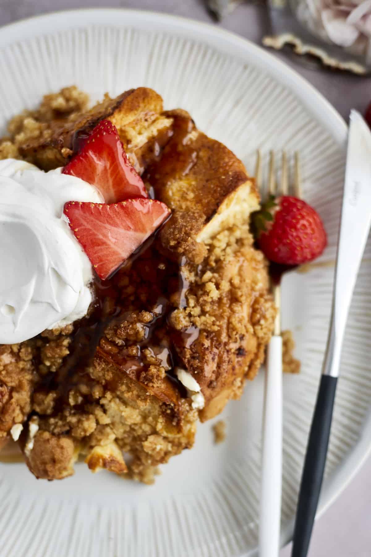 Cinnamon Crunch Bagel French Toast Casserole in a bowl