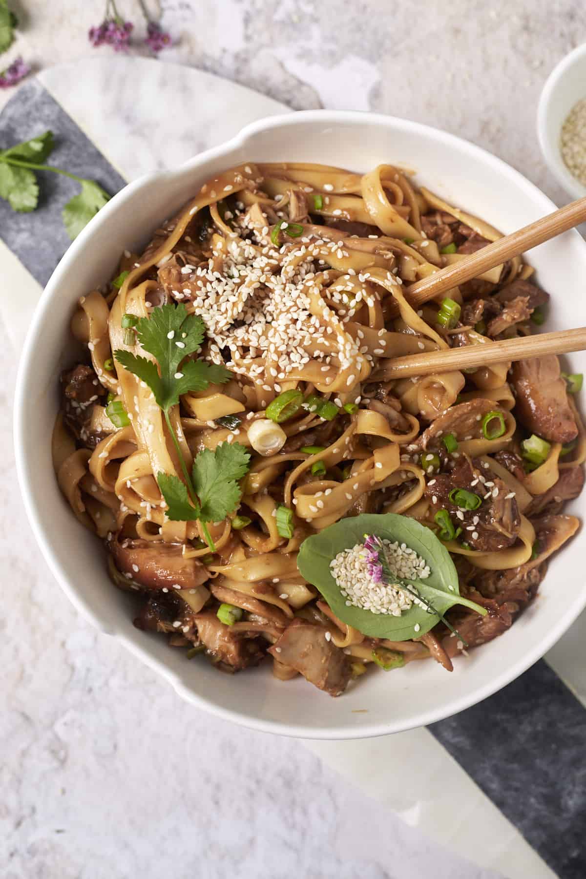 a bowl of honey garlic chicken thighs with lo mein noodles