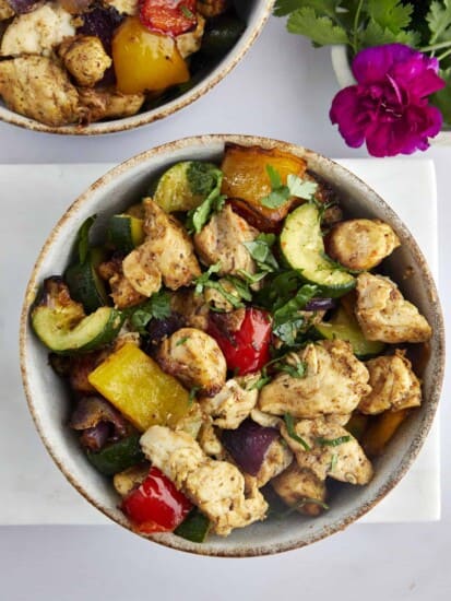 a bowl of air fryer chicken breast with vegetables