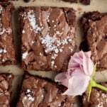 overhead image of sliced one bowl brownies topped with salt